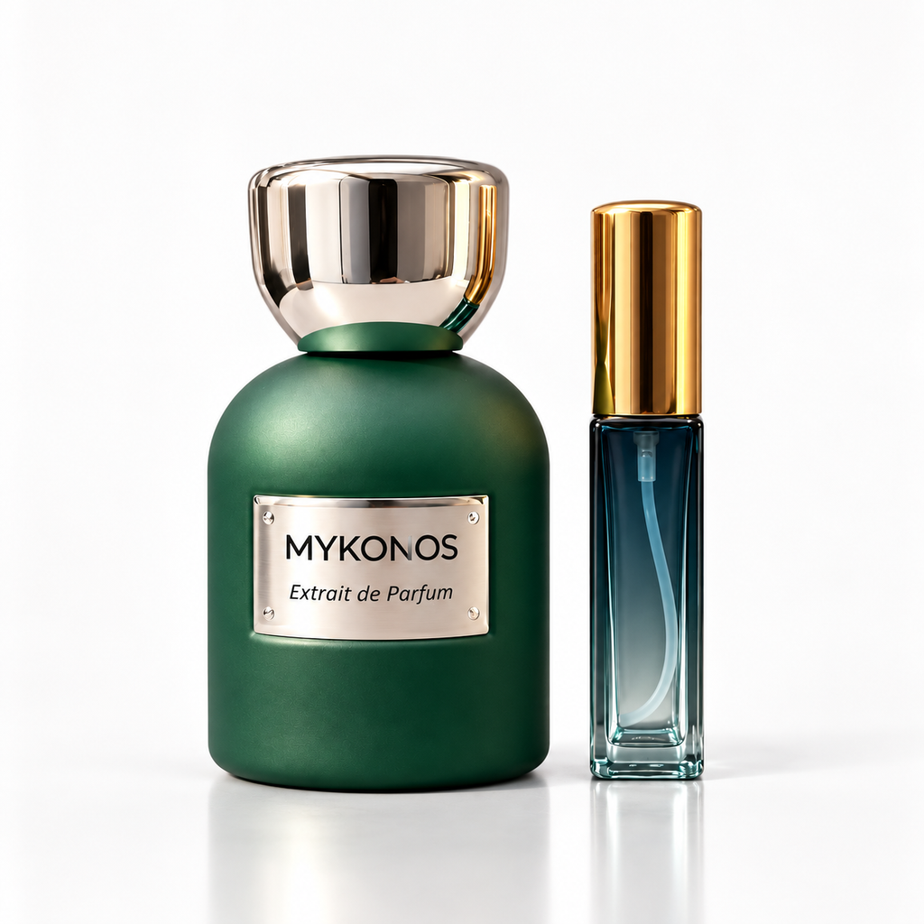 Mykonos Sorrento decant with original fragrance bottle – 5 mL and 10 mL samples