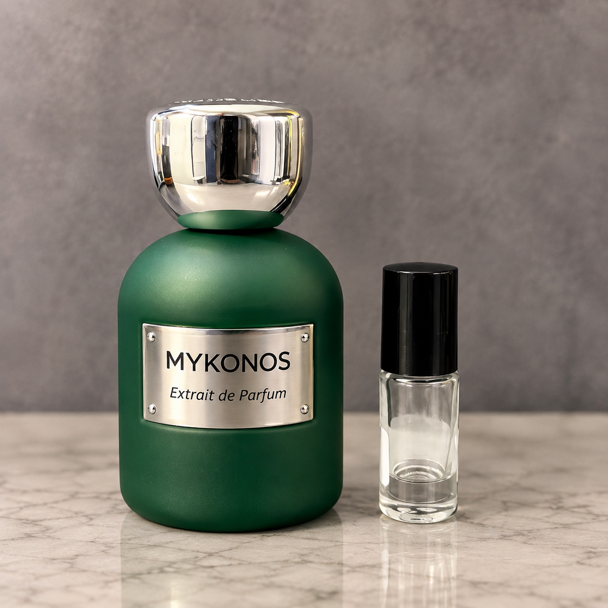 Mykonos Sorrento Extrait de Parfum bottle with Virgin Islands Perfumery decant